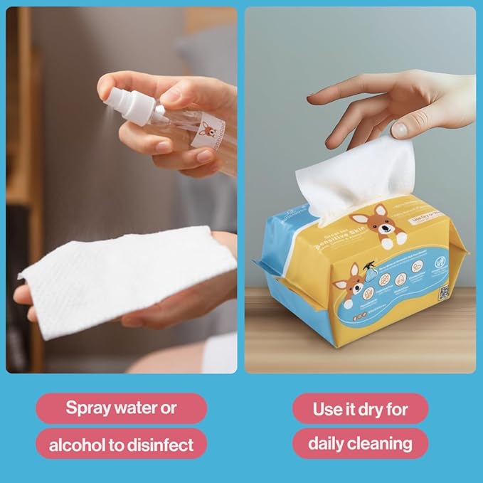 BabbleRoo Dry Wipes for Baby - 100% Plant-Based Cotton Wipes, Hypoallergenic, Fragrance-Free, Chemical-Free, Gentle for Sensitive Skin, Use Wet or Dry for Diaper Changes and Cleanups– 200 Wipes