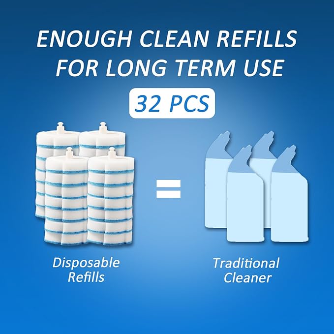 Disposable Toilet Brush Refills, 32 Pcs Compact Blue Scrubber Heads – Bathroom Cleaning Supplies for Toilet, Bathtub, Sink & Washbasin