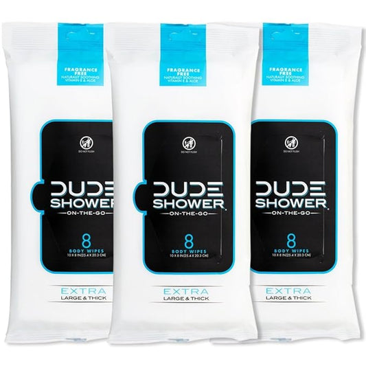 DUDE Wipes - On-The-Go Shower Wipes - 3 Pack, 24 Wipes - Unscented Extra-Large Wipes - Vitamin E & Aloe Full Body Shower Replacement Wipes