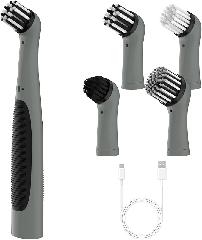 SOARING Rechargeable Electric Cleaning Brush with 4 in 1 Multiple Brush Heads,Indoor Household Cordless Motorized Brush for Bathroom Toilet Kitchen Tile Crevice (Gray & Black)