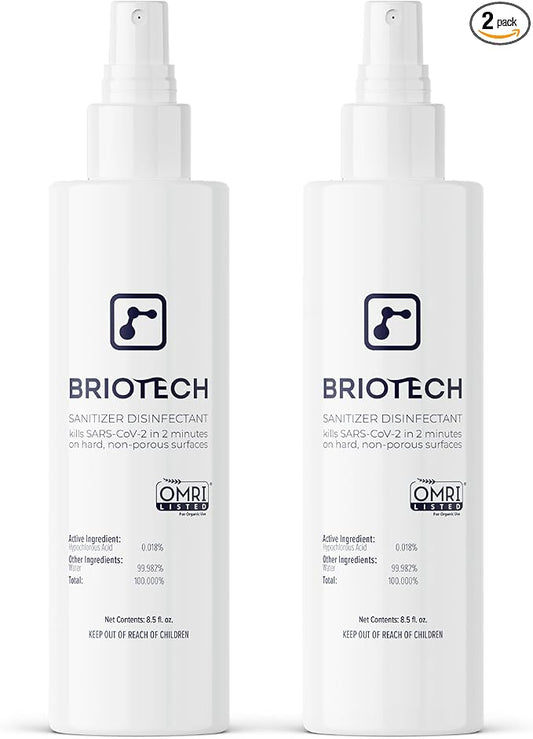 BRIOTECH Sanitizer Disinfectant Hypochlorous Spray, Kills 99.99% of Viruses & Bacteria, Eliminate Odor, Gentle for Nurseries & Play Rooms, Food Contact Surface Sanitizer, 8 fl oz ea, 2 ct