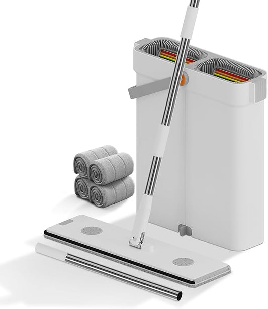 ‌O-MART Mop and Bucket Set- Includes Wringer & 4 Washable Microfiber Pads, Flat Mop for Wet and Dry Use on All Floor Types, Wall & Windows Cleaning