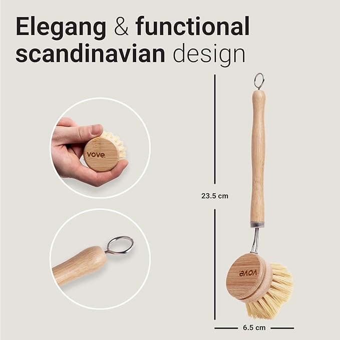 | Bamboo Dish Brush | Long Lasting Brush with 3 Replacement Heads | Natural Bristle | Eco-Friendly | Wooden Dish Brush for Washing and Cleaning Pot Pan Dish Bowl |