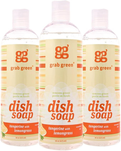 Grab Green Liquid Dish Soap, 16 Ounce (Pack of 3), Tangerine Lemongrass Scent, Biodegradable, Plant and Mineral Based, Removes Grease, Gentle on Hands