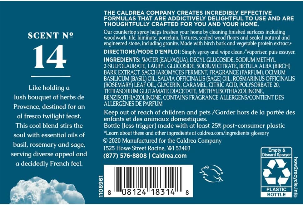 Caldrea Multi-surface CounterTop Spray Cleaner, Made With Vegetable Protein Extract, Basil Blue Sage, 16 Fl Oz