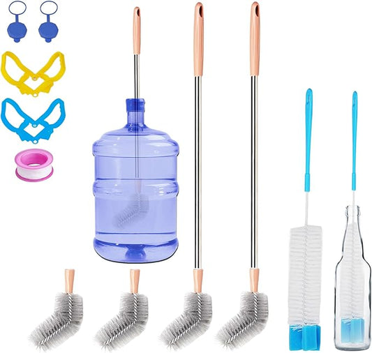 11 Pack 28" Long Bottle Brush,3 & 5 Gallon Bottle Cleaner Brush, Water jug Brush with Bendable Replaceable Brush Heads, Nylon Bristles and Stainless Steel Handle Bucket Cleaning Brush