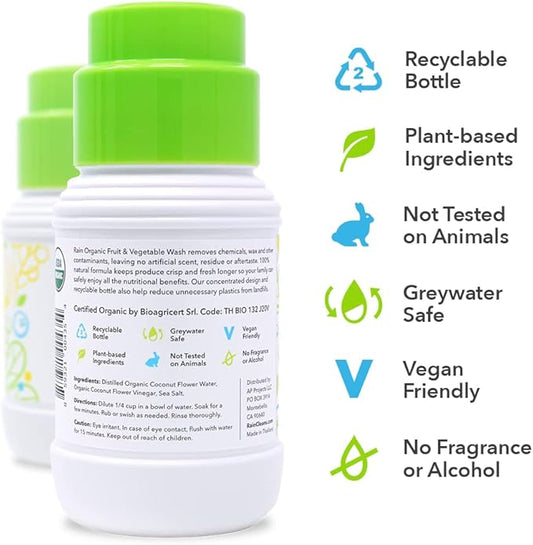 Rain Organic Fruit and Vegetable Wash All Natural Veggie Produce Cleaner for Safe Clean Eating, Baby Essential Eco Friendly Concentrated Strength for Gallons of Soak or Spray