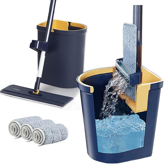 Flat Floor Mop and Bucket Set with Hands-Free and Self-Wringing | Mop for Floor Cleaning, Floor Mop with Reusable Microfiber Mop Pad, for Hardwood, Laminate and Tile Floors, (Navy)