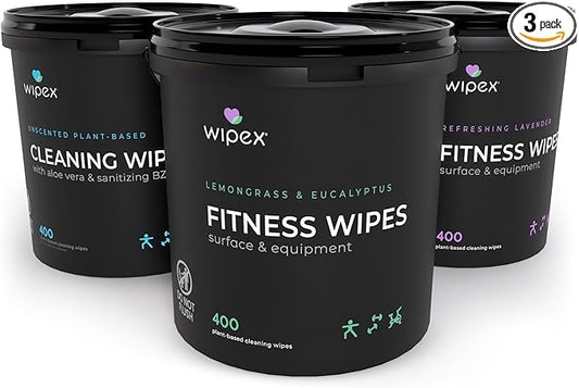 Wipex Gym Wipes for Equipment Bundle - Get 3 Buckets (1) Lemongrass, (1) Lavender, (1) Sanitizing BZK Plant-Based Fitness Equipment Wipes, Clean Surfaces & Mats, Safe Gym Cleaner, 400 Ct (Pack of 3)