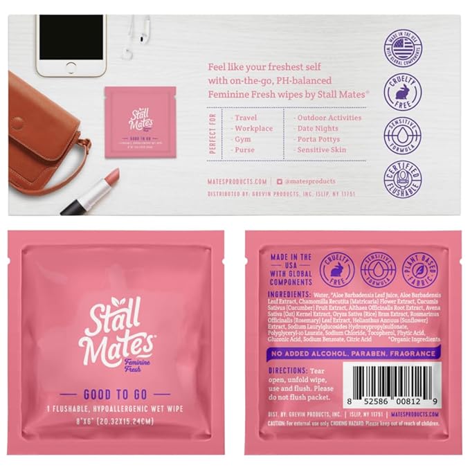 Stall Mates Wipes Feminine Fresh - Flushable | Individually Wrapped Cleansing Travel Friendly PH balanced Unscented with Sunflower, Rosemary and Aloe (30 on-the-go singles)