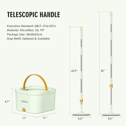 Spin Mop and Bucket with 2 Microfibra Replaceable Mop Pads, Self Separation Dirty and Clean Water System Self Wringing 360° Rotating Square Mop-Head (1 Bucket + 52'' Mop + 2 Microfibra Pads)