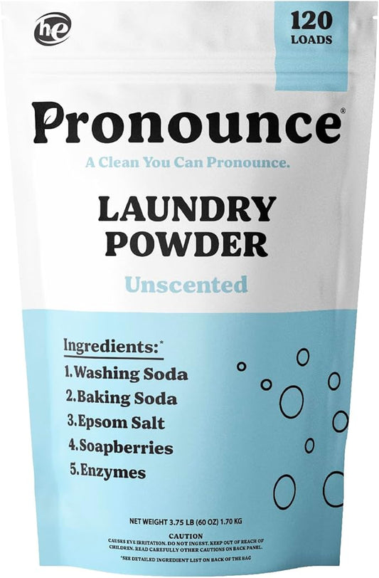 Pronounce Laundry Detergent Powder Alternative | Earth-Derived Ingredients, Eco-Friendly, Safer for Sensitive Skin, Eczema, and Babies. Stain + Smell Fighting. HE Safe (Unscented, 120 Loads)