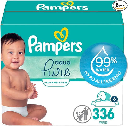 Pampers Baby Wipes Aqua Pure, 99% water-based wipes, Hypoallergenic and Unscented Infant Wipe, 336 Total (6 Flip-Top Packs)