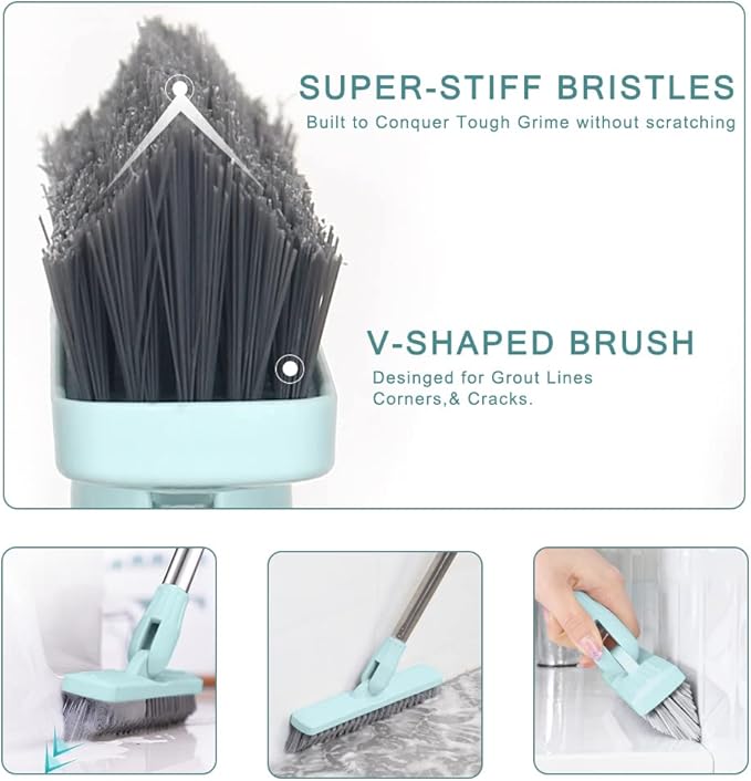 Affogato Floor Scrub Brush Bathroom Long Handle Bathtub Push Broom Shower Tile Grout Scrubber Rotatable Indoor Kitchen Crevice Cleaning Brush for Hard to Reach Areas - Light Blue 46.8inches Lengthen