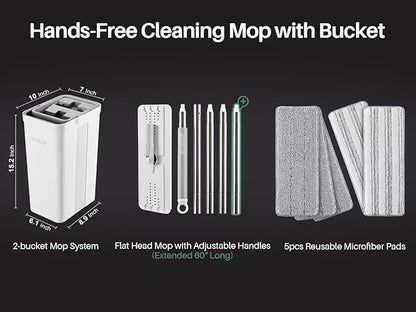 JOYMOOP Mop and Bucket with Wringer Set, White Flat Squeeze Mop Bucket Set for Floor Cleaning, Wet Dry Mop for Walls, Wall Cleaner with Long Handle, Hardwood Floor Mop-5 Microfiber Cloths