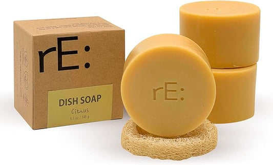 RE: Dish Washing Soap Bars Value Pack (Loofah holder sponge included) - palm oil free, eco friendly, zero waste, plastic free, free of artificial dyes and fragrance (Citrus)