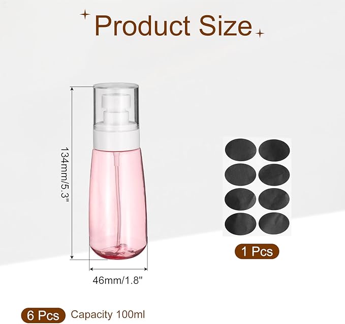 uxcell 6Pcs Small Spray Bottles, 100ml/3.4 oz Travel Size Spray Bottle Fine Mist Empty Refillable Travel Containers with Labels for Perfume Cosmetic Essential Oil (Pink/Clear)