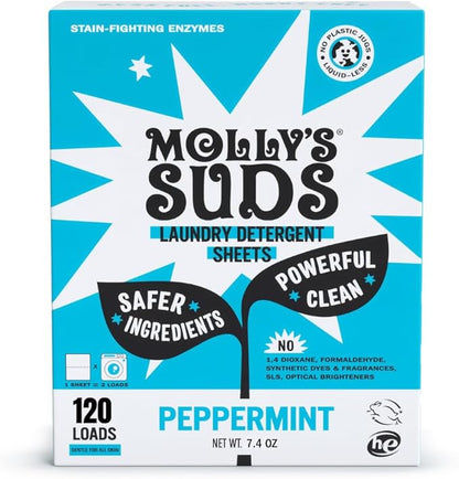 Molly’s Suds Laundry Detergent Sheets | Gentle on Sensitive Skin, Powerful Bio-Based Enzymes, Stain-Fighting | Liquidless & Plastic-Free Packaging | 120 Loads (Peppermint)