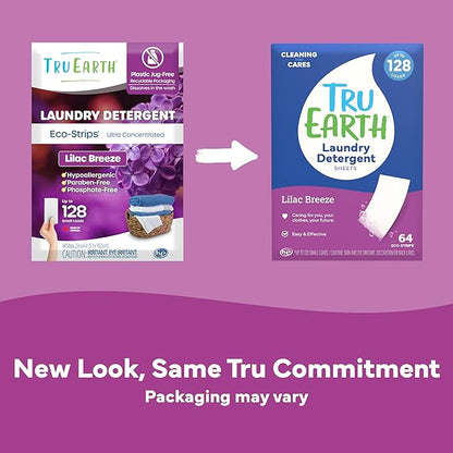 Tru Earth Compact Dry Laundry Detergent - Up to 128 Loads (64 Sheets) - Paraben-Free - Original Eco-Strip Liquidless Detergent, Travel - Lilac Breeze | Packaging May Vary