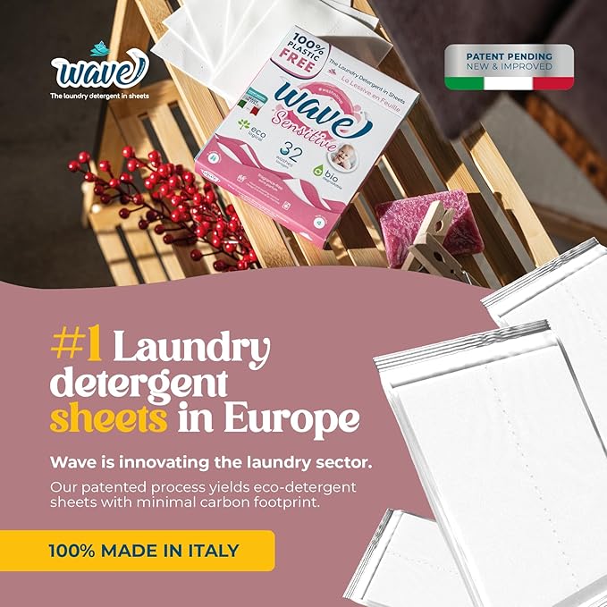Wave Laundry Detergent Sheets - Unscented (64 Loads) - Dissolves Faster & Higher Cleaning Power Over Competitors - Multi-Purpose Laundry Cleaner - 100% Plastic Free