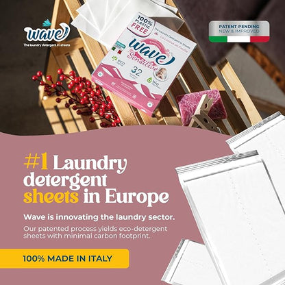 Wave Laundry Detergent Sheets - Unscented (64 Loads) - Dissolves Faster & Higher Cleaning Power Over Competitors - Multi-Purpose Laundry Cleaner - 100% Plastic Free