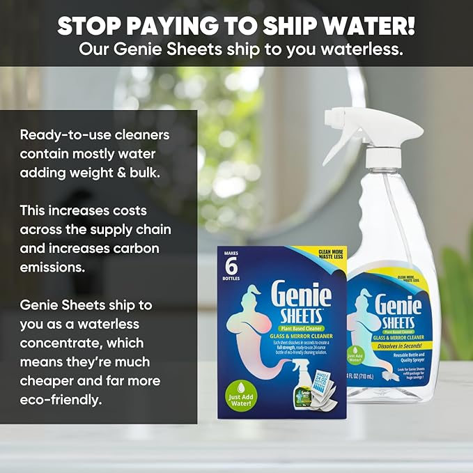 Genie Sheets Glass & Mirror Cleaner | 1 Bottle with Foaming Sprayer + Concentrate Makes 6 24oz Refills | Professional-Strength | Just Add Water | Sustainable EcoFriendly Plant-Based