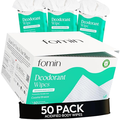 FOMIN Acidified Travel Deodorant Wipes For Women & Men - 50 Count - Coastal Breeze - pH Balanced, Mini Deodorant Travel Size Wipes - Plastic-Free, Individually Wrapped Underarm Body Wipes