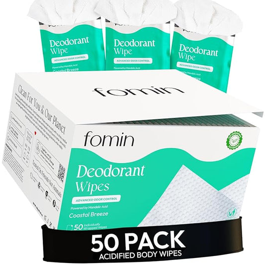 FOMIN Acidified Travel Deodorant Wipes For Women & Men - 50 Count - Coastal Breeze - pH Balanced, Mini Deodorant Travel Size Wipes - Plastic-Free, Individually Wrapped Underarm Body Wipes