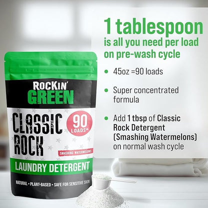 Rockin' Green Classic Rock Laundry Detergent (90 Loads), Plant based, All Natural Laundry Detergent Powder, Vegan and Biodegradable Odor Fighter, Safe for Sensitive Skin, 45 oz (Smashing Watermelons)