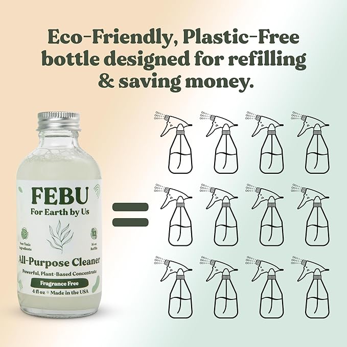 FEBU All Purpose Cleaner, Fresh Lemon, 4oz | Powerful Natural Cleaner Concentrate With Essential Oils | Makes 192 Fl Oz of Multipurpose Spray | Plant-Based, Human Safe Ingredients | Plastic Free