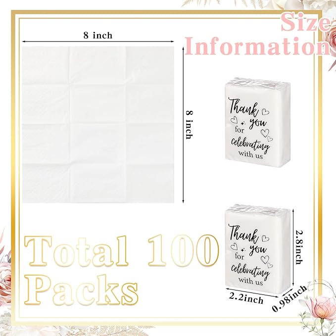 100 Pcs Wedding Facial Tissues Welcome Bags Mini Pocket Tissues Travel Size Wedding Favors for Guests 3 Ply Thank You for Celebrating with Us Celebration Graduation (Minimalist)