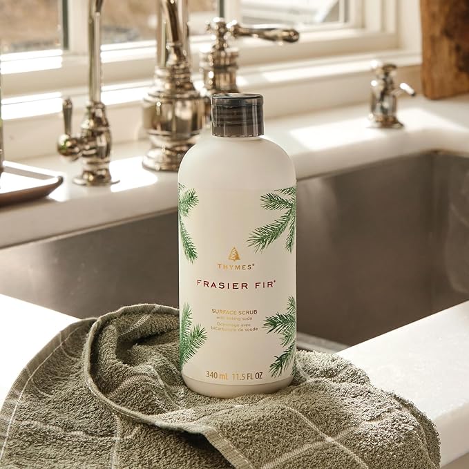 Thymes Soft Surface Scrub - Frasier Fir - Multipurpose Surface Cleaner - - Pine Scented Stain Remover with Baking Soda, Fennel & Parsley Extracts - Gentle Yet Effective Household Cleaner - 11.5 Fl Oz