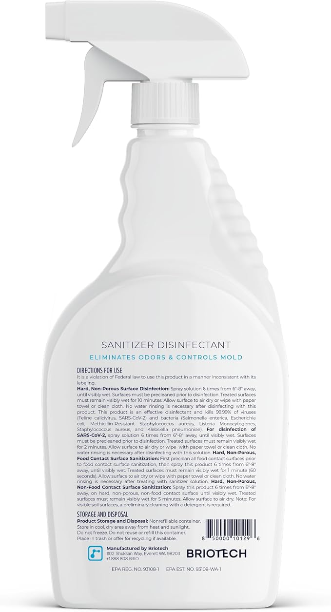 BRIOTECH Sanitizer Disinfectant Hypochlorous Spray, Kills 99.99% of Viruses & Bacteria, Eliminate Odor, Gentle for Nurseries & Play Rooms, Food Contact Surface Sanitizer, 32 fl oz ea, 12 ct