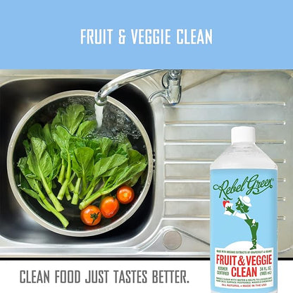 Rebel Green Fruit & Veggie Wash - Natural Produce Wash - Plant-Based, Sustainable Fruit and Vegetable Wash with No Aftertaste (32oz Refill Bottle)