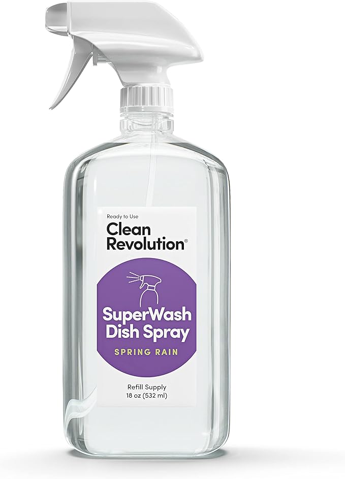 Clean Revolution SuperWash Dish Soap Starter Kit, Includes Three 18-Ounce Bottles + One Trigger Sprayer, Compatible with Dawn Powerwash Sprayers, Spring Rain Fragrance, Clear, 54 Fl Oz Total