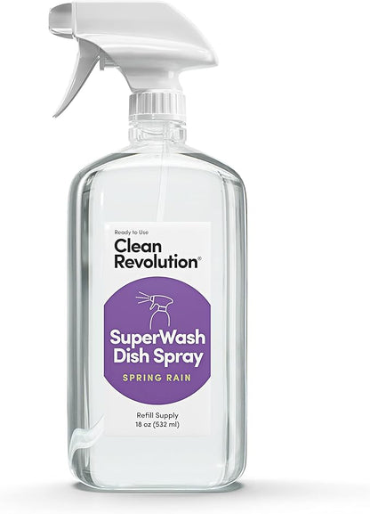 Clean Revolution SuperWash Dish Soap Starter Kit, Includes Three 18-Ounce Bottles + One Trigger Sprayer, Compatible with Dawn Powerwash Sprayers, Spring Rain Fragrance, Clear, 54 Fl Oz Total