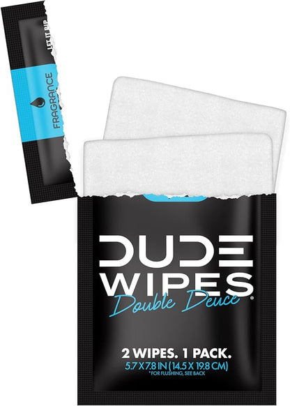 DUDE Wipes - Double Deuce - Two-In-One On-The-Go Flushable Wipes - 2 Pack, 80 Wipes - Unscented Extra-Large Individually Wrapped Wipes with Vitamin E & Aloe - Septic and Sewer Safe