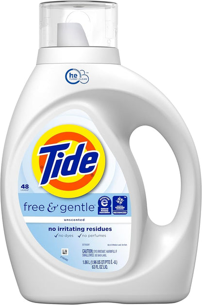 Tide Free & Gentle Liquid Laundry Detergent, 63 fl oz, 48 Loads, HE Compatible