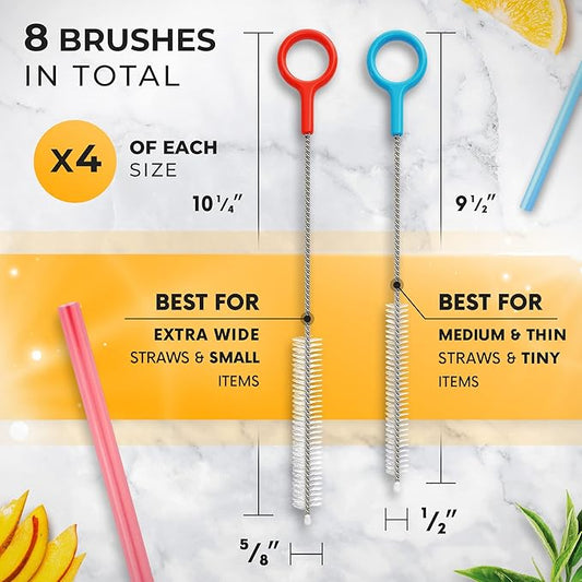 Heavy Duty Cleaning Brushes Set of 8 - Extra Long Straw Cleaners for Metal and Plastic Reusable Drinking Straws, to Clean Small Spaces, Sippy Cups, Water Bottles - Sturdy Hard Brush Bristles