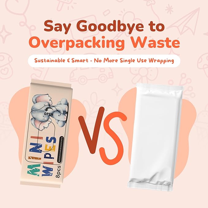 Mini Wet Wipes - Alcohol & Fragrance Free, Safe for Babies & Kids - 8 Bags Total 64 Wipes (Sunset Elephant)