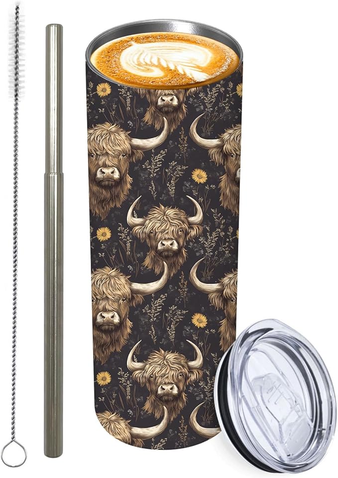 1Pcs Highland Cow Stainless Tumbler with lid and straw - 20oz Travel Mug, Reusable Metal Straw & Brush, Double-Wall Vacuum Bottle Cup for Coffee Wine Tea Hot and Cold Drinks,Gifts