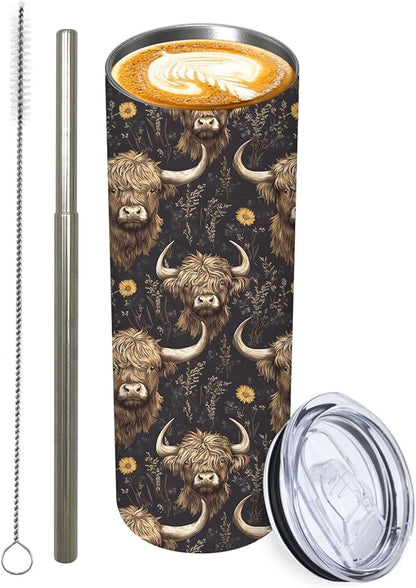 1Pcs Highland Cow Stainless Tumbler with lid and straw - 20oz Travel Mug, Reusable Metal Straw & Brush, Double-Wall Vacuum Bottle Cup for Coffee Wine Tea Hot and Cold Drinks,Gifts