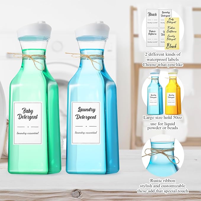 Hushee 4 Pcs Laundry Detergent Dispenser Bottle 51oz with Measure Cup Labels for Laundry Detergent Soap Fabric Softener Bleach Scent Booster Beads Bottle for Laundry Room Decor