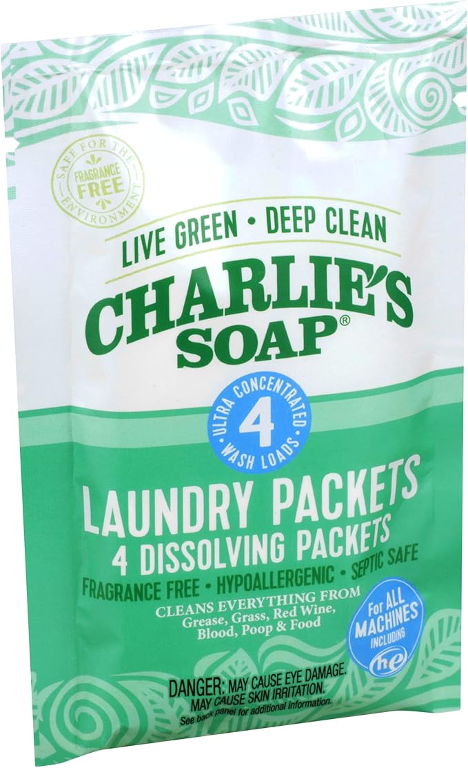 Charlie's Soap Hypoallergenic Unscented Laundry Packets Travel Size, Pack of 2 (8 Total Loads)