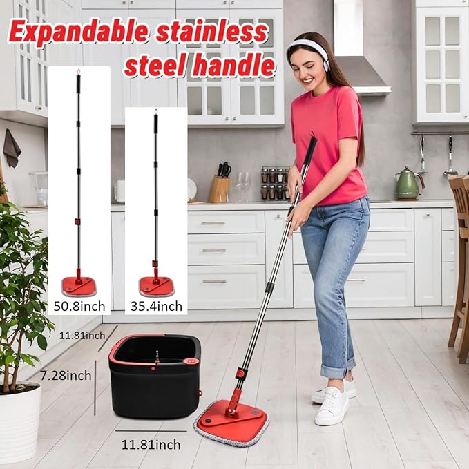 Spin Mop and Bucket Set with Separation Dirty and Clean Water System, Self Wringing 360° Rotating Clean Mop-Head and Bucket Set for Hardwood Tile Marble Floor with 2Pads-Black+Red