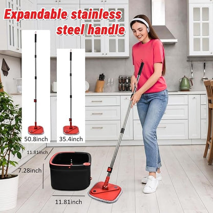 Spin Mop and Bucket Set with Separation Dirty and Clean Water System, Self Wringing 360° Rotating Clean Mop-Head and Bucket Set for Hardwood Tile Marble Floor with 2Pads-Black+Red