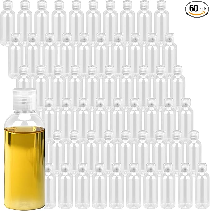 60 Pack 2oz / 60ml Clear Plastic Empty Bottles Bulk, Travel Bottles with Flip Cap, Portable Refillable Containers for Shampoo, Lotion, Liquid Body Soap, Cream, Toner