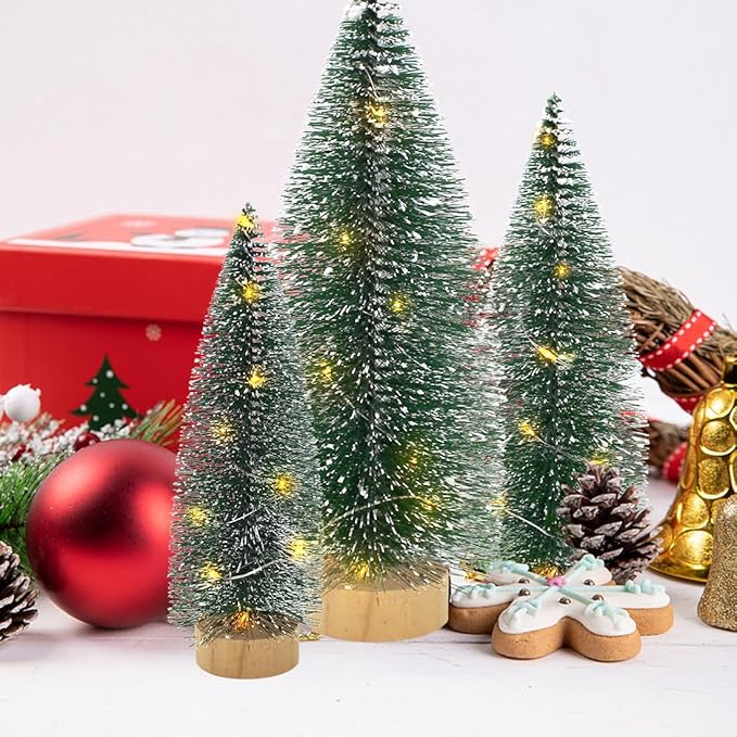 3 PCS Mini Bottle Brush Christmas Trees with Lights, Miniature Tabletop Christmas Tree for Christmas Decorations Indoor, Desktop Pine Tree Xmas Holiday Decor