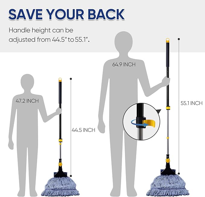 Yocada Looped-End String Wet Mop Heavy Duty Cotton Mop Commercial Industrial Grade Telescopic Iron Pole Jaw Clamp Floor Cleaning 55.1 inch