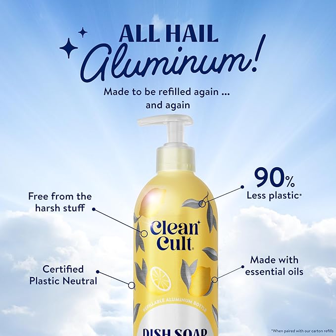 Cleancult - Lemon Verbena - Liquid Dish Soap - Refillable Aluminum Bottle - Dish Soap that Cuts Grease & Grime - 16 oz - 3 Pack